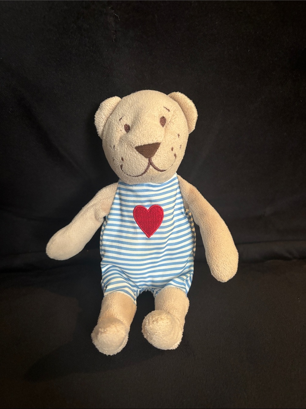Source Unknown Beige Plush Bear in Blue Striped Outfit with Red Heart
